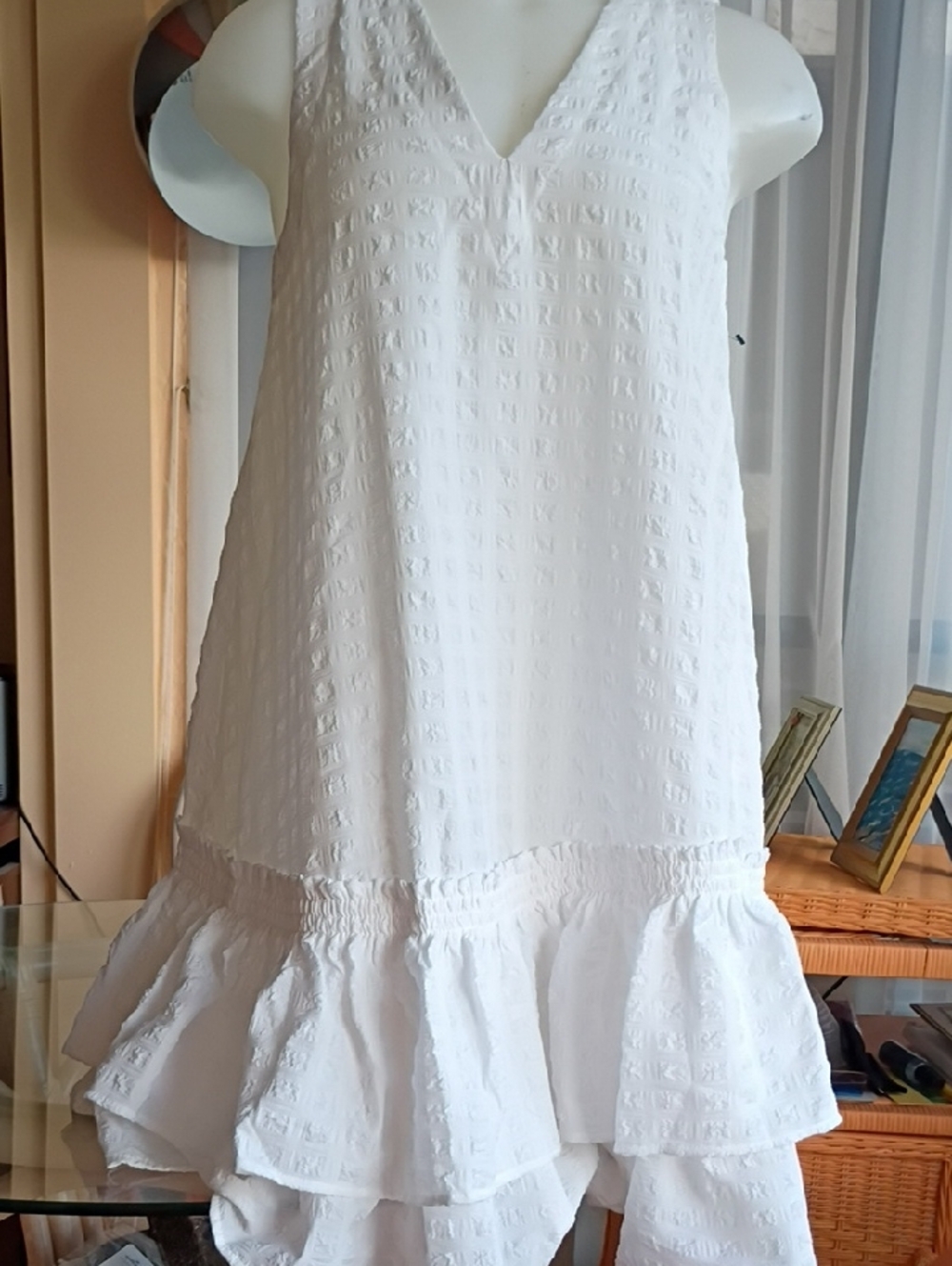 Calvin Klein White Textured Dresswith Branded Strap, Perfect Summer Party